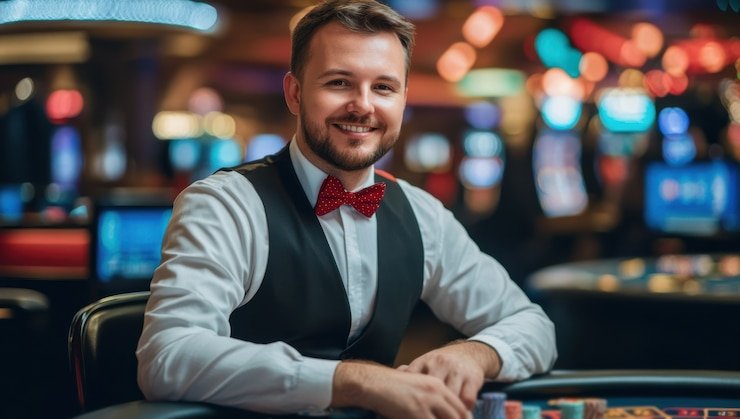 Blackjack table with dealer hand and player betting options